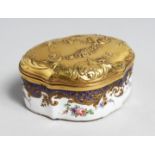 A SUPERB 18TH CENTURY PORCELAIN SNUFF BOX with blue and gilt decoration, garlands with a gold top,