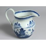 A CHINESE BLUE AND WHITE PORCELAIN JUG decorated with a landscape scene with boats and buildings.