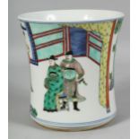 A LARGE CHINESE FAMILLE VERTE PORCELAIN BRUSH POT painted with figures in a garden. Six-character