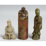 THREE CHINESE SOAPSTONE CARVINGS, including a cylindrical seal carved with buddha and incised