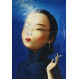 A GOOD CHINESE OIL PAINTED PORTRAIT ON CANVAS depicting a female figure smoking a cigarette. Image