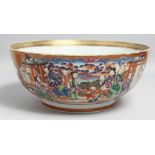 A LARGE CHINESE EXPORT HONEYCOMB GROUND PORCELAIN PUNCH BOWL, the exterior painted with two large