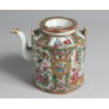A CHINESE CANTON PORCELAIN TEAPOT AND COVER painted with panels of figures, birds, and native flora.