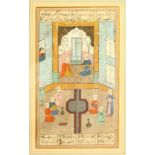 AN INDIAN MINIATURE PAINTING depicting seated figures in an interior setting, the upper and lower