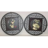 A PAIR OF CONTEMPORARY CHINESE HARDSTONE AND WOOD CIRCULAR WALL PANELS, onlaid with various