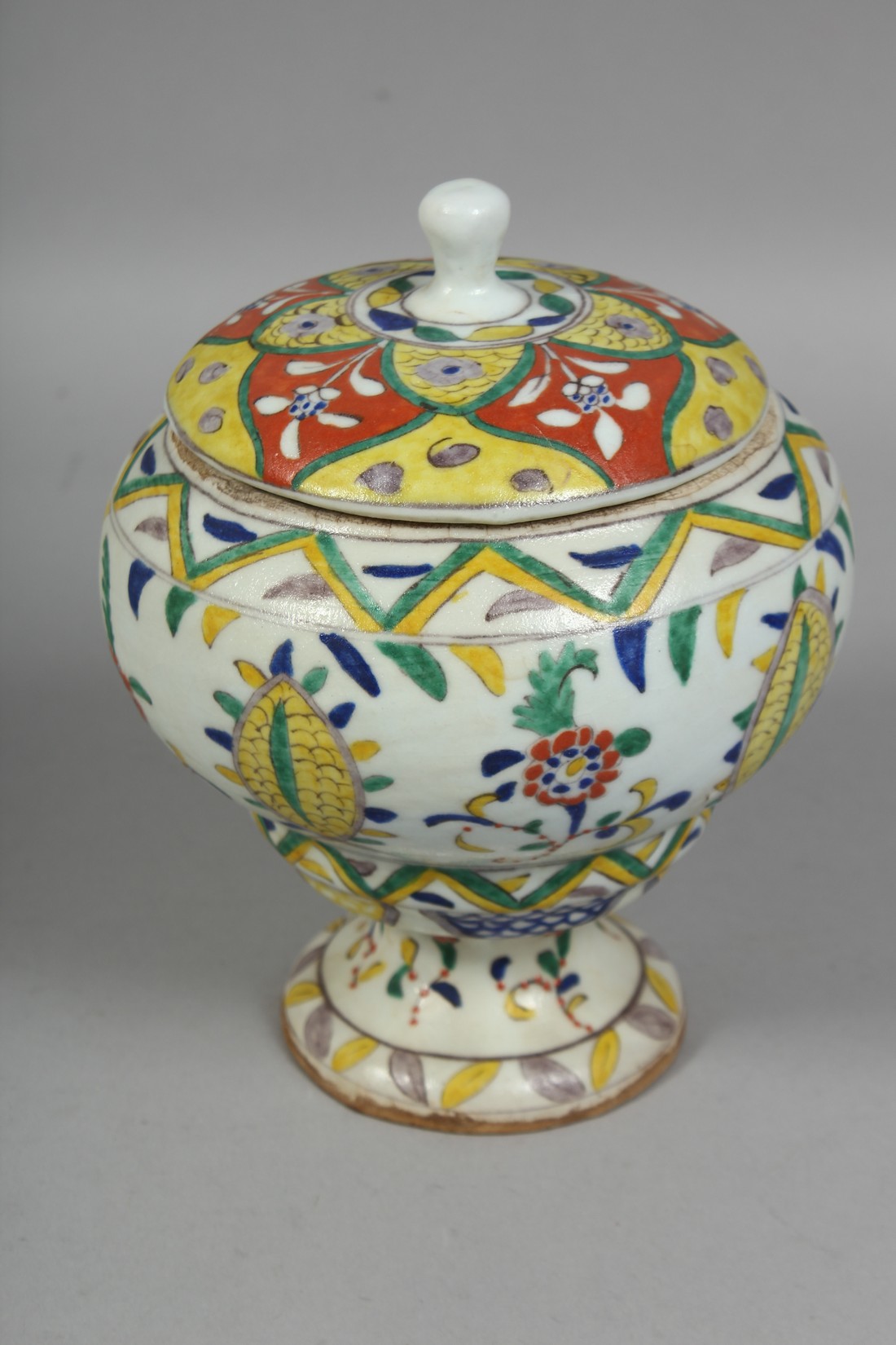 A TURKISH KUTAHYA POTTERY PEDESTAL SUGAR BOWL AND COVER, painted with various floral motifs, overall - Image 2 of 8