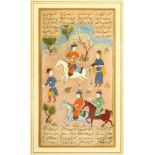 AN INDIAN MINIATURE PAINTING depicting figures on horseback in an outdoor setting, with