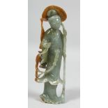 A FINE QUALITY CHINESE TWO-TONE JADE CARVING of a female figure, holding a bamboo stick with a