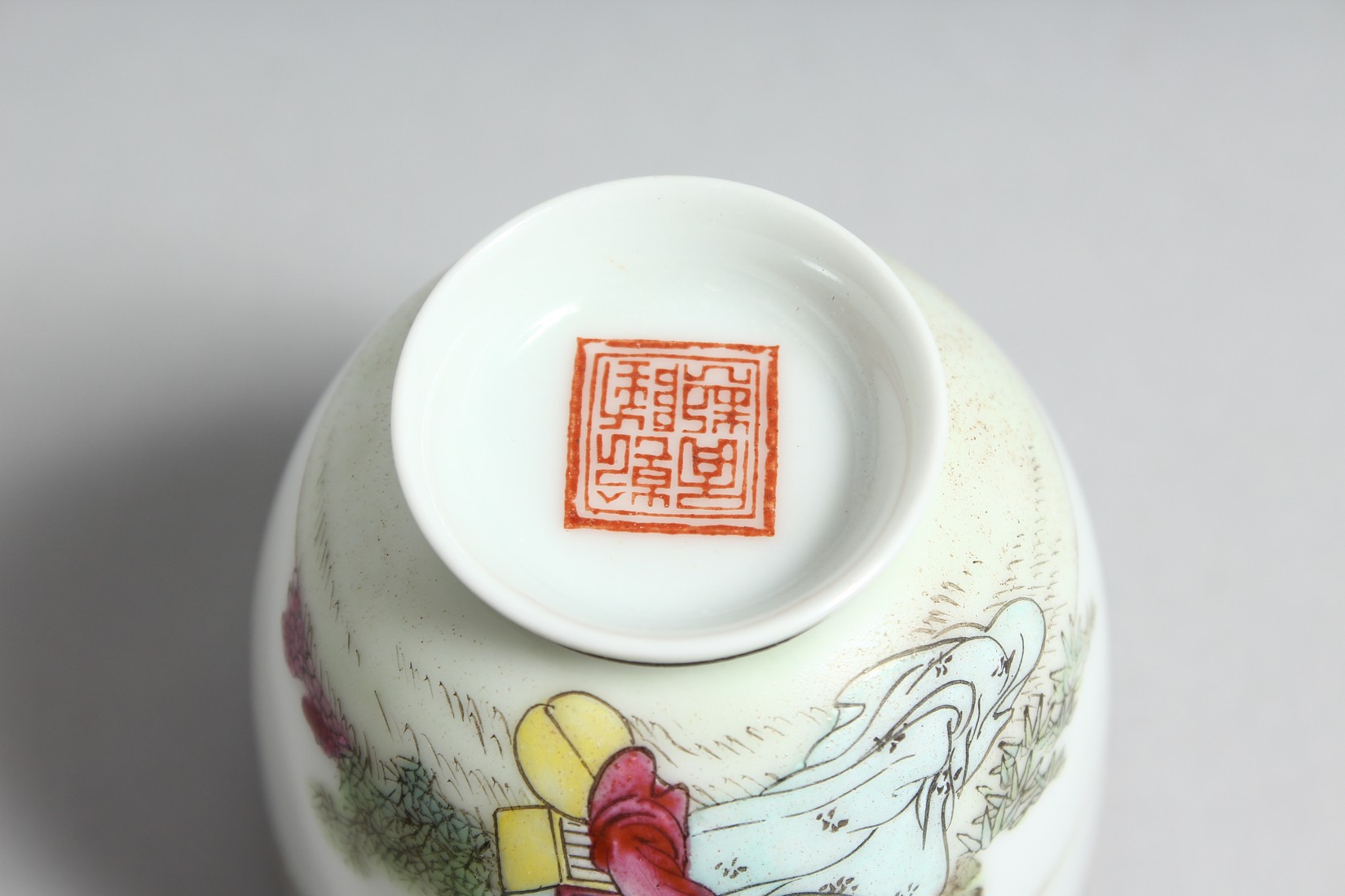 A CHINESE EGGSHELL PORCELAIN CUP AND HARDWOOD STAND, the cup painted with a female figure seated - Image 6 of 8