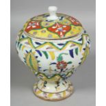 A TURKISH KUTAHYA POTTERY PEDESTAL SUGAR BOWL AND COVER, painted with various floral motifs, overall