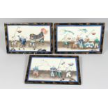 THREE CHINESE FRAMED PITH PAINTINGS, each depicting figures in a ceremonial procession, framed and