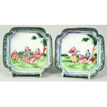 A PAIR OF CHINESE SQUARE FORM ENAMELLED DISHES, decorated with figures in a garden, 9.5cm square.