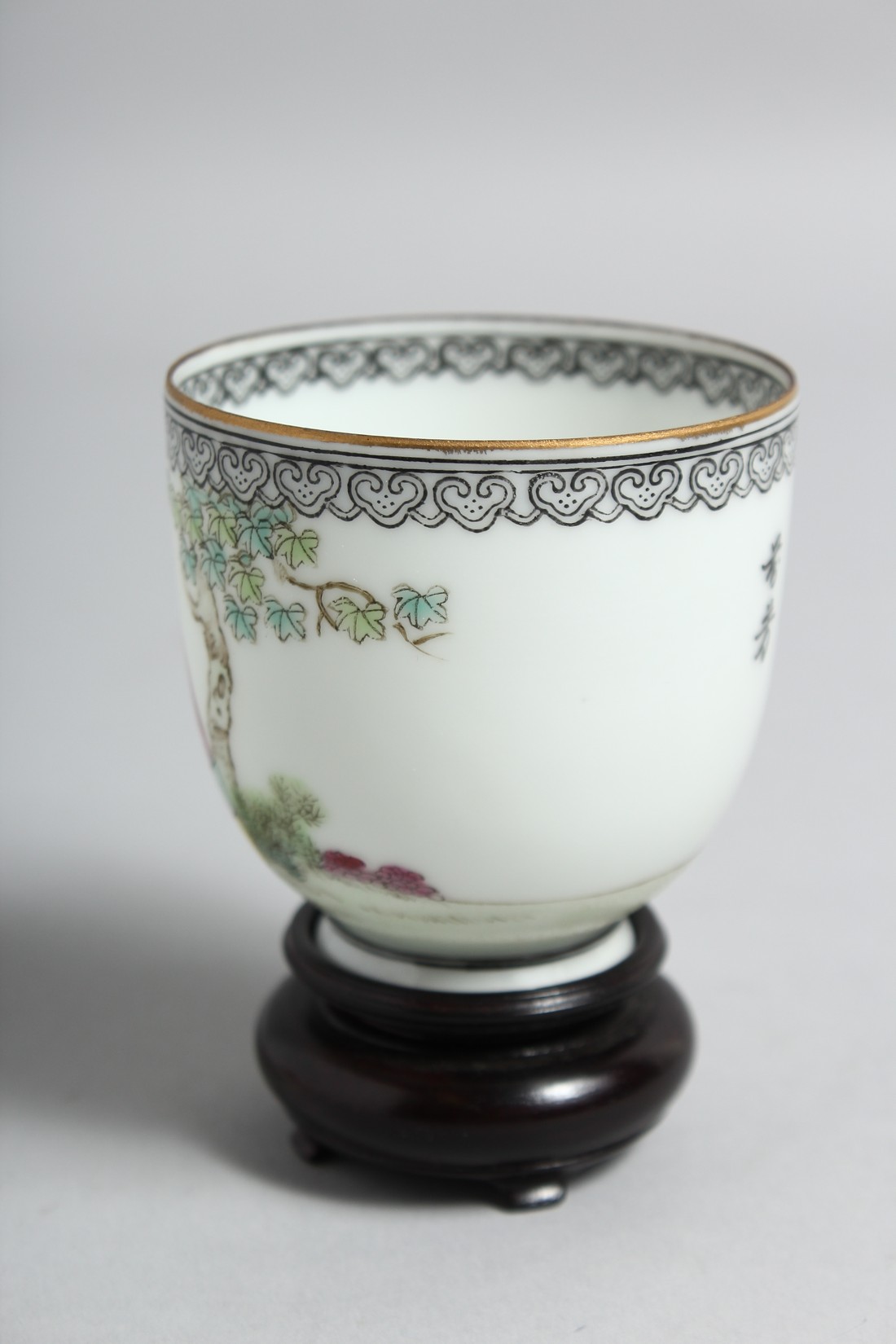 A CHINESE EGGSHELL PORCELAIN CUP AND HARDWOOD STAND, the cup painted with a female figure seated - Image 4 of 8