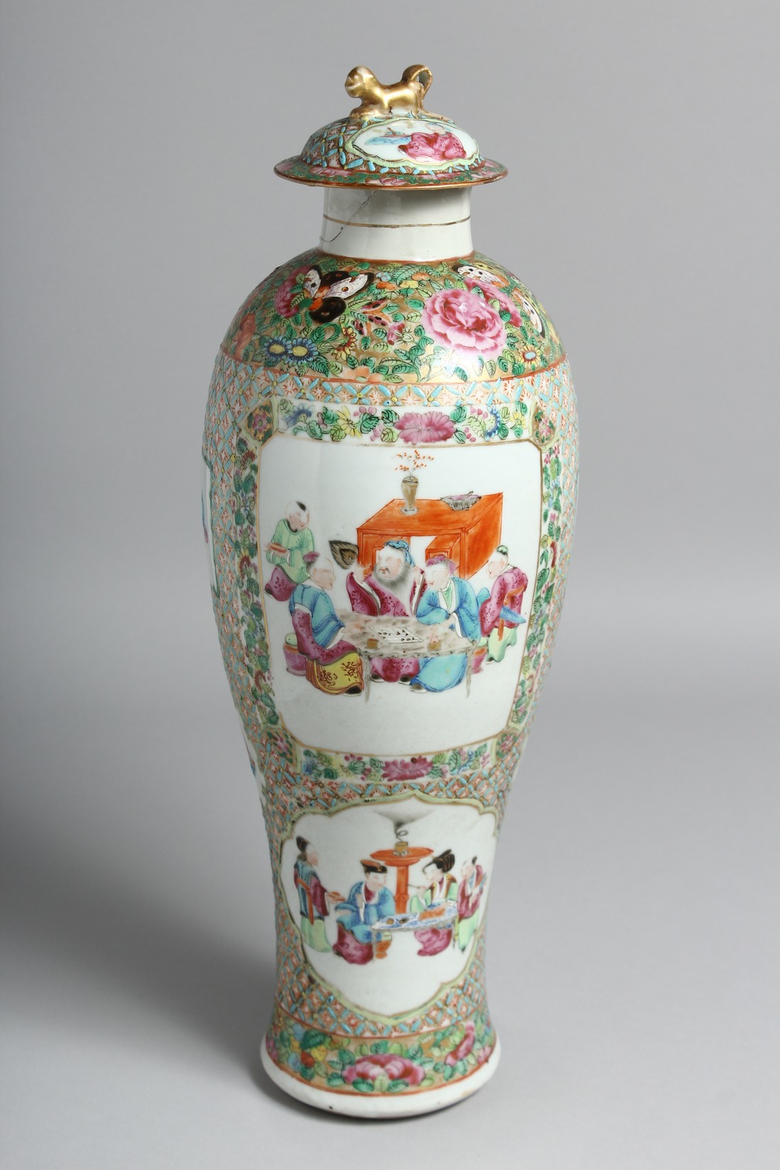A TALL CHINESE CANTON PORCELAIN VASE AND COVER painted with panels of seated figures and further - Image 3 of 6