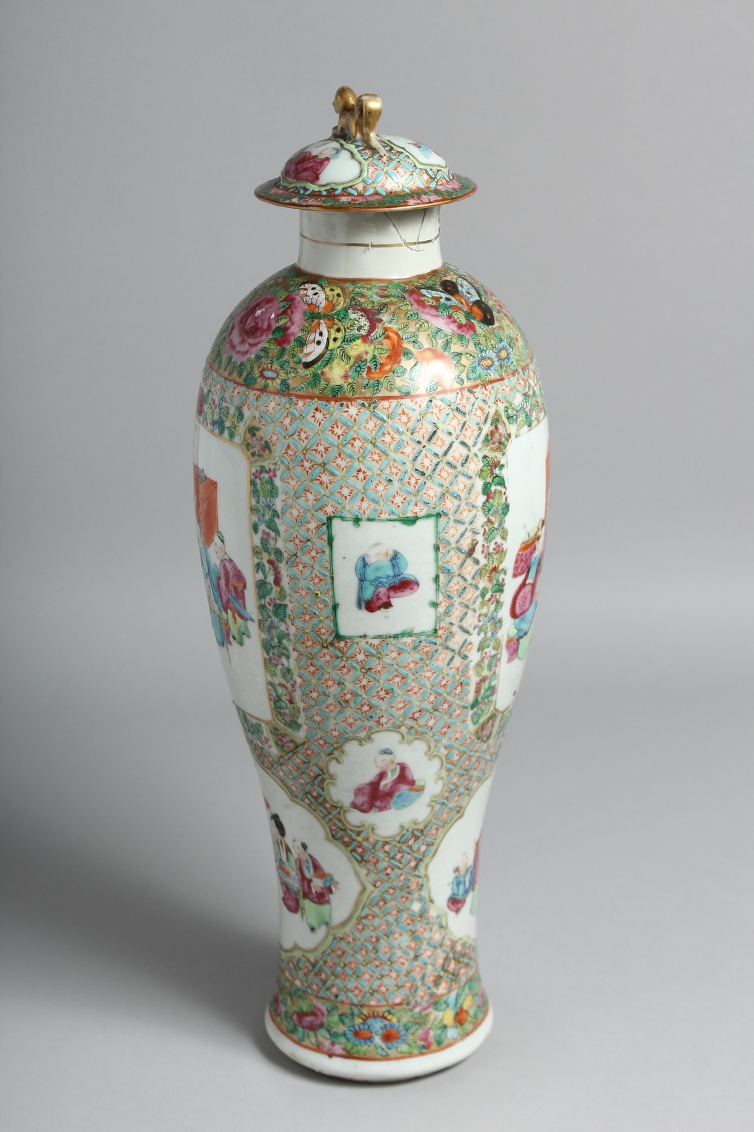 A TALL CHINESE CANTON PORCELAIN VASE AND COVER painted with panels of seated figures and further - Image 2 of 6