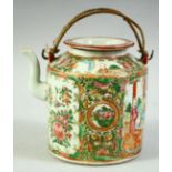 A CHINESE CANTON PORCELAIN TEAPOT, with panels figures and native flora, 13cm high.