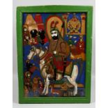 A FRAMED PERSIAN REVERSE GLASS PAINTING, depicting a figure on horseback surrounded with various