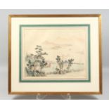 A CHINESE FRAMED PAINTING ON SILK, depicting a landscape scene with mountains beyond, framed and