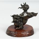 A GOOD BRONZE MODEL OF A LION DOG / MYTHOLOGICAL BEAST, mounted to a carved hardwood base, 13cm