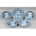 FOUR 18TH CENTURY CHINESE BLUE AND WHITE PORCELAIN BOWLS, each decorated with a fishing scene to the