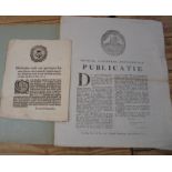 [DUTCH INTEREST] 2 x broadsides dated 1654, 1795, Antwerp & Le Haag (2).