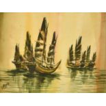 South East Asian School, Junks at Sea, watercolour, indistinctly signed, 10" x 13.5", along with