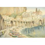 R. T. Horley, circa 1961, 'Atrani', figures and boats in a Continental town, watercolour, signed and