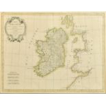 M. Bonne, a hand coloured 18th Century map of Ireland, 12.5" x 17".