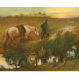 19th 20th Century, 'End of the day', a man leading a pony along a path by a stream with bulrushes