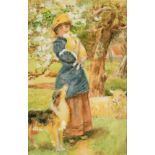 Style of Renoir, A lady standing by a tree in blossom holding a lamb, a dog alongside and a sheep