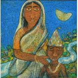 20th Century Indian School, a mother and child in a moonlit river landscape, pastel, indistinctly