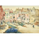 R. T. Horley, circa 1959, 'Laiguelia', figures and boats in a Continental town, watercolour,