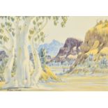 Peter Taylor Tjutjatja (1940-2014) Australian, a gum tree in a hilly landscape, watercolour, signed,