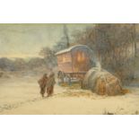 Walter Bain (19th/20th Century), figures approaching a Romany caravan under winter twilight,