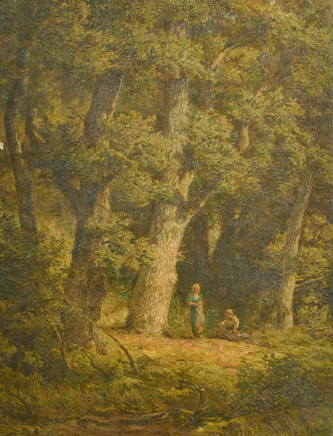 19th century French School, figures gathering items in a woodland glade, oil on canvas, indistinctly