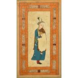 An Islamic miniature painting on board, depicting a female figure holding a water vessel, the border