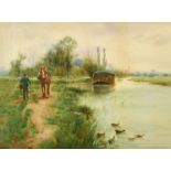 Henry Charles Fox (1855-1929) British, a figure and horse on a tow path, watercolour, signed with