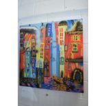 A colourful street scene, oil on canvas, unframed.