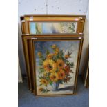 A still life of sunflowers in a vase, oil on canvas and a collection of other oil paintings of