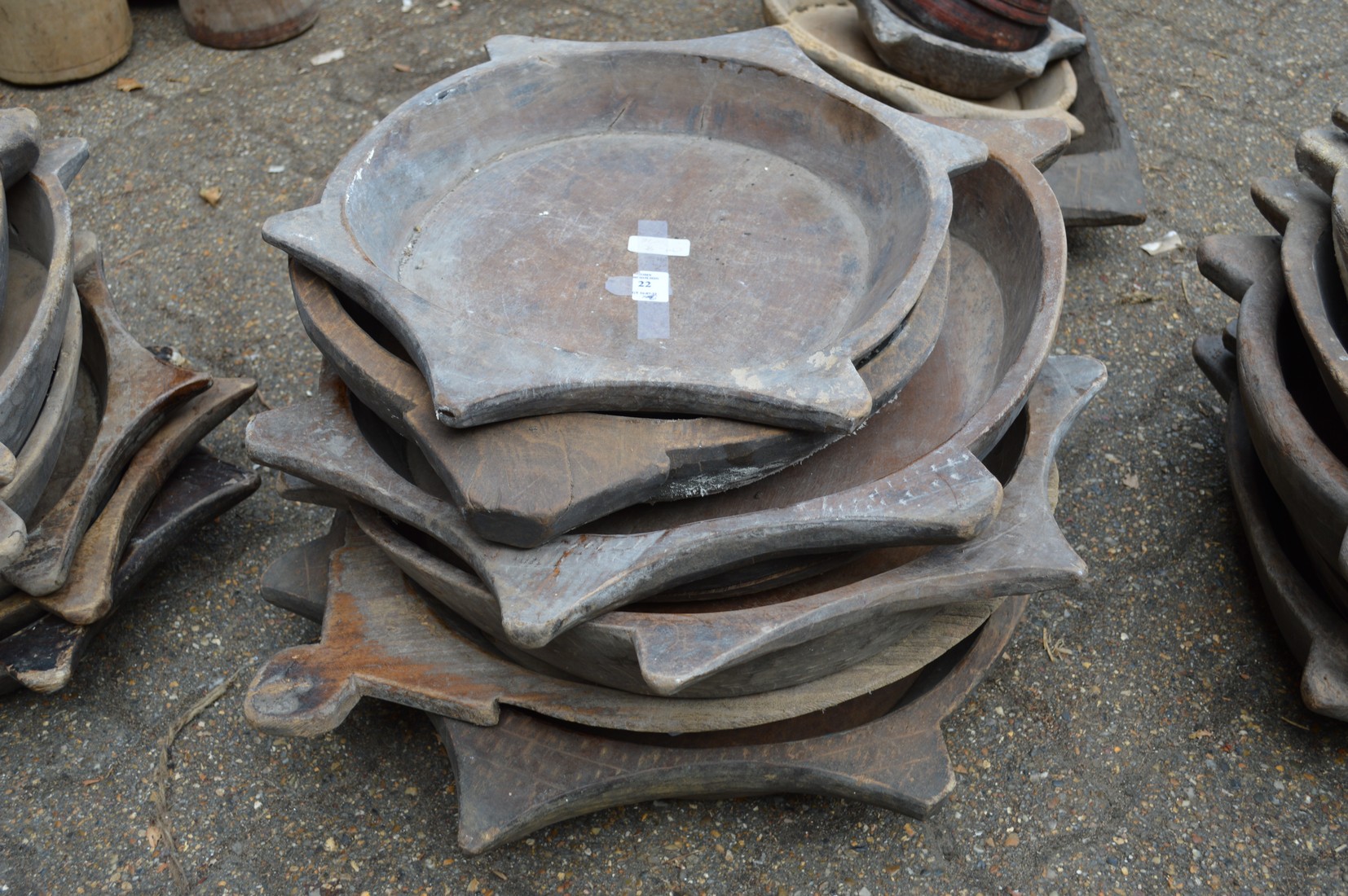 Six old Indian wooden food bowls.