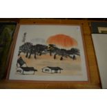 In the manner of Qi Baishi, a painting on paper depicting a landscape scene with buildings and