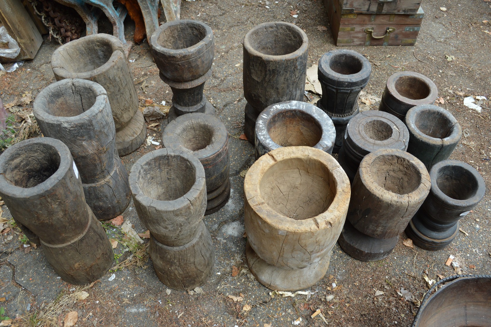 A quantity of Indian turned wood mortars.