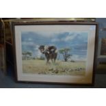 Donald Grant "The Charge" colour print depicting a bull elephant, pencil signed.