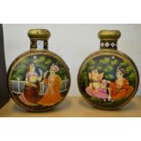A pair of Indian decoratively painted moon flasks.