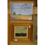 A rural landscape, oil on canvas, unframed and an oil on board of a sailing ship.