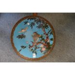 A large Japanese cloisonne circular dish decorated with owls on a branch.