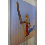 A clockwork clown holding a large knife, oil on canvas, unframed.