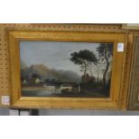 A 19th century continental school "Figures on a Path by a River with a Bridge" oil on board, in a