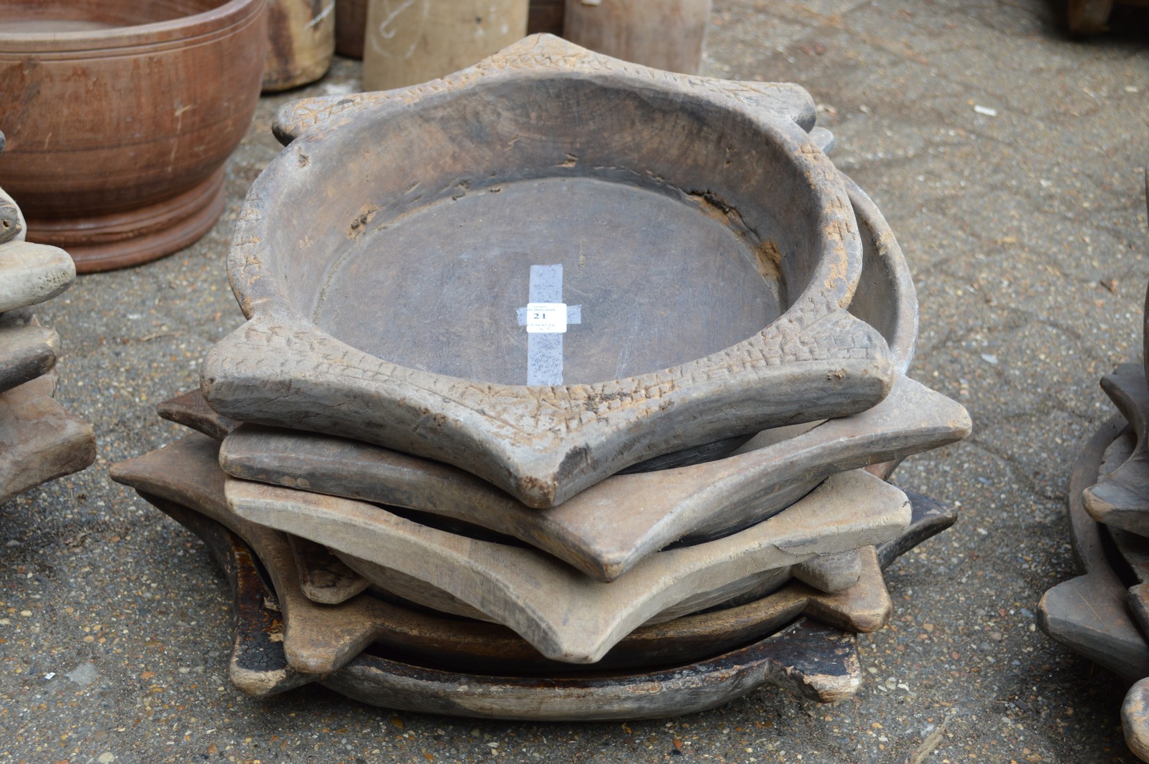 Six old Indian wooden food bowls.