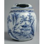 A LARGE JAPANESE BLUE AND WHITE HIRADO PORCELAIN KORO AND COVER, painted with a landscape scene on a